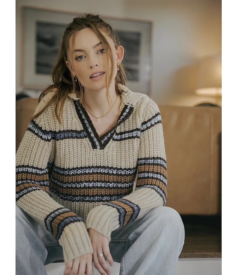 MISOOK x Lani Lynn Alpaca Blend Chunky Stripe Knit V-Neck Collared Long Sleeve Sweater