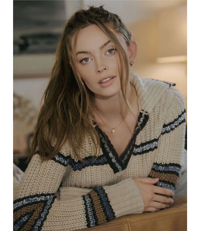 MISOOK x Lani Lynn Alpaca Blend Chunky Stripe Knit V-Neck Collared Long Sleeve Sweater