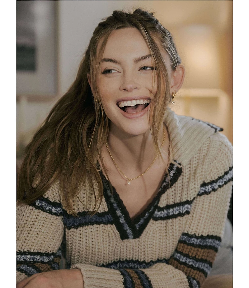 MISOOK x Lani Lynn Alpaca Blend Chunky Stripe Knit V-Neck Collared Long Sleeve Sweater