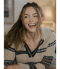 MISOOK x Lani Lynn Alpaca Blend Chunky Stripe Knit V-Neck Collared Long Sleeve Sweater