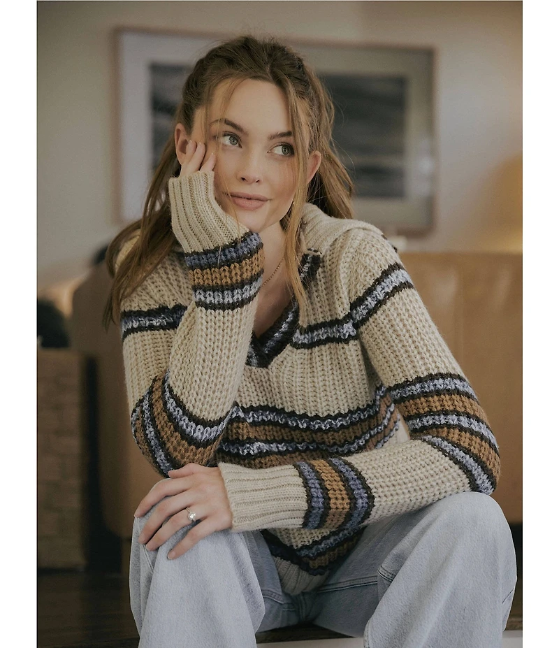 MISOOK x Lani Lynn Alpaca Blend Chunky Stripe Knit V-Neck Collared Long Sleeve Sweater