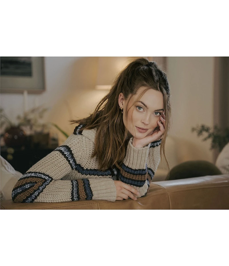 MISOOK x Lani Lynn Alpaca Blend Chunky Stripe Knit V-Neck Collared Long Sleeve Sweater