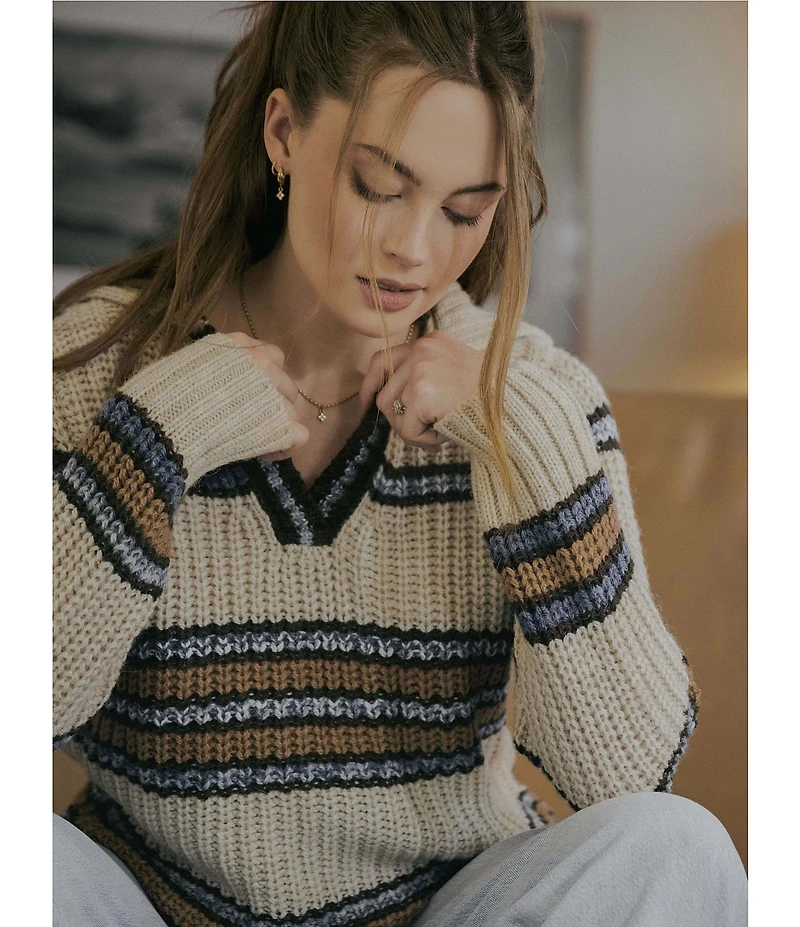 MISOOK x Lani Lynn Alpaca Blend Chunky Stripe Knit V-Neck Collared Long Sleeve Sweater