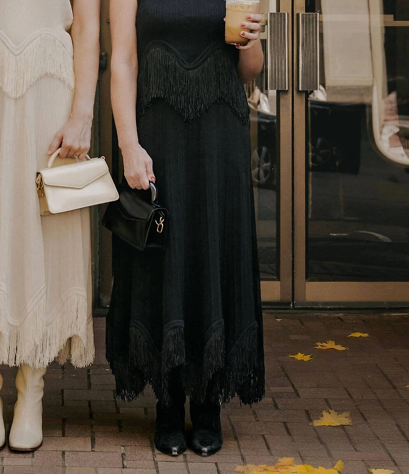 MISOOK x Lani Lynn Coordinating Ribbed Knit Elastic Waist Asymmetrical Fringe Hem Maxi Skirt