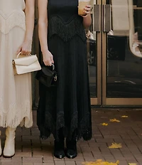 MISOOK x Lani Lynn Coordinating Ribbed Knit Elastic Waist Asymmetrical Fringe Hem Maxi Skirt