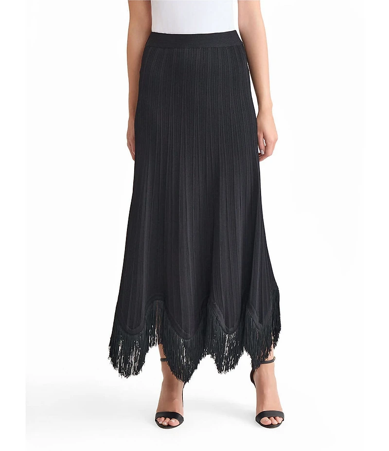 MISOOK x Lani Lynn Coordinating Ribbed Knit Elastic Waist Asymmetrical Fringe Hem Maxi Skirt