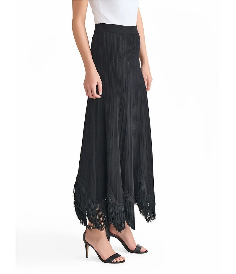 MISOOK x Lani Lynn Coordinating Ribbed Knit Elastic Waist Asymmetrical Fringe Hem Maxi Skirt