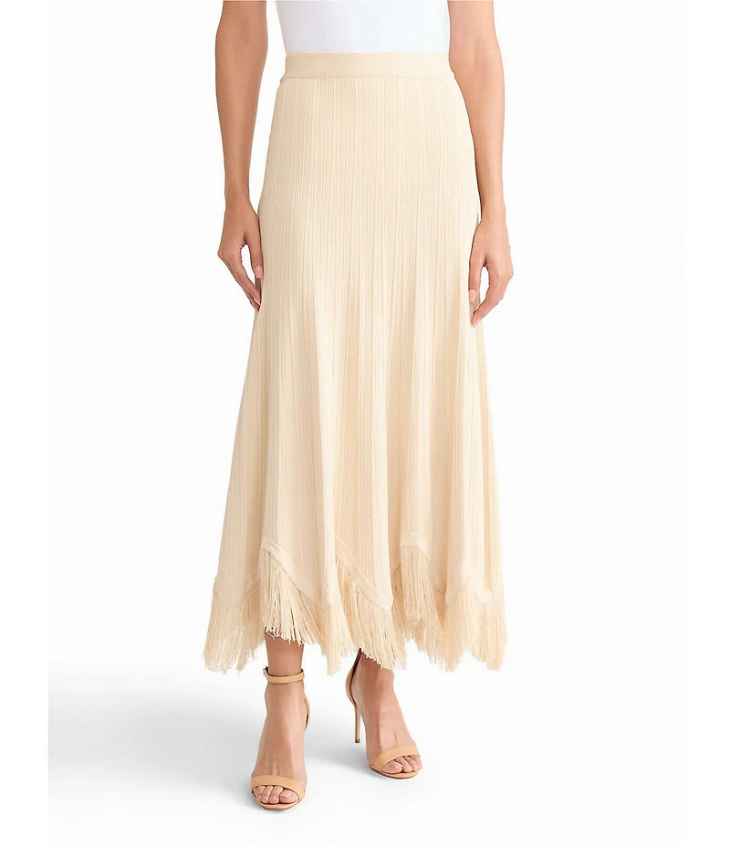 MISOOK x Lani Lynn Coordinating Ribbed Knit Elastic Waist Asymmetrical Fringe Hem Maxi Skirt