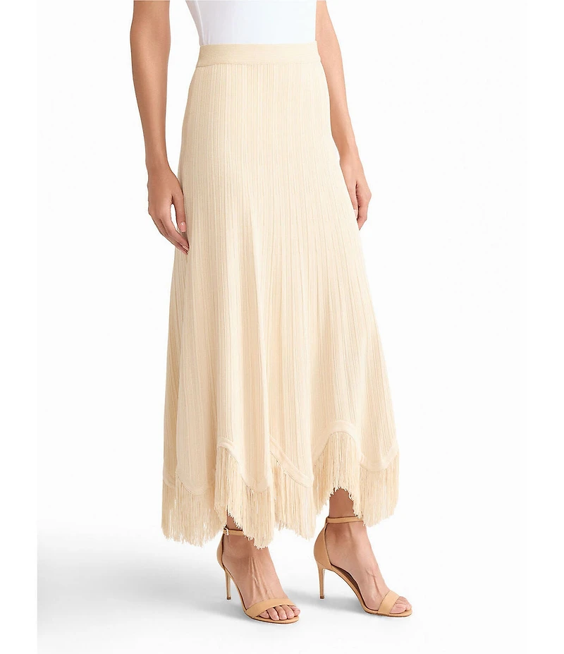 MISOOK x Lani Lynn Coordinating Ribbed Knit Elastic Waist Asymmetrical Fringe Hem Maxi Skirt
