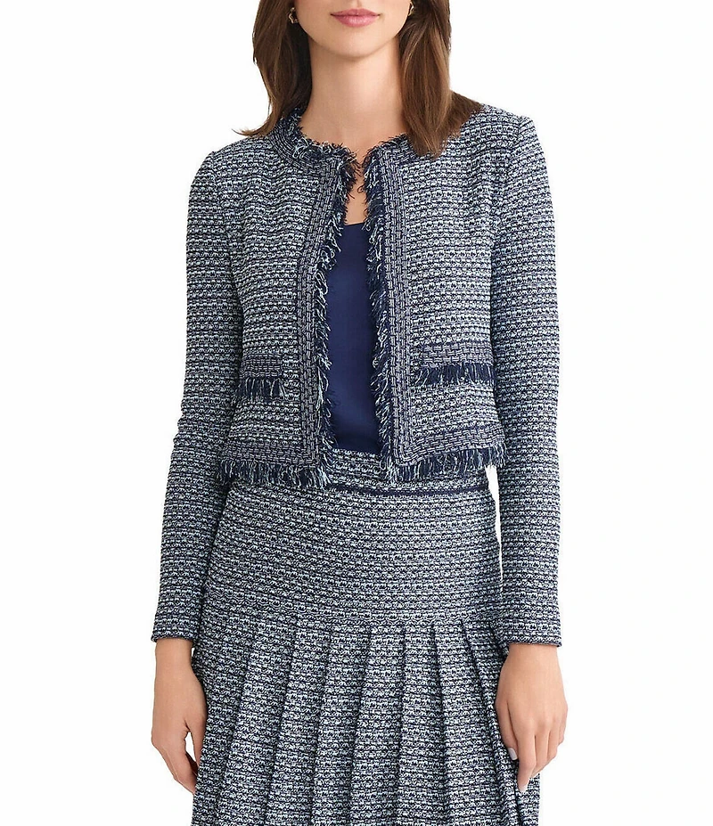 MISOOK x Lani Lynn Tweed Knit Round Neck Long Sleeve Fringe Trim Jacket