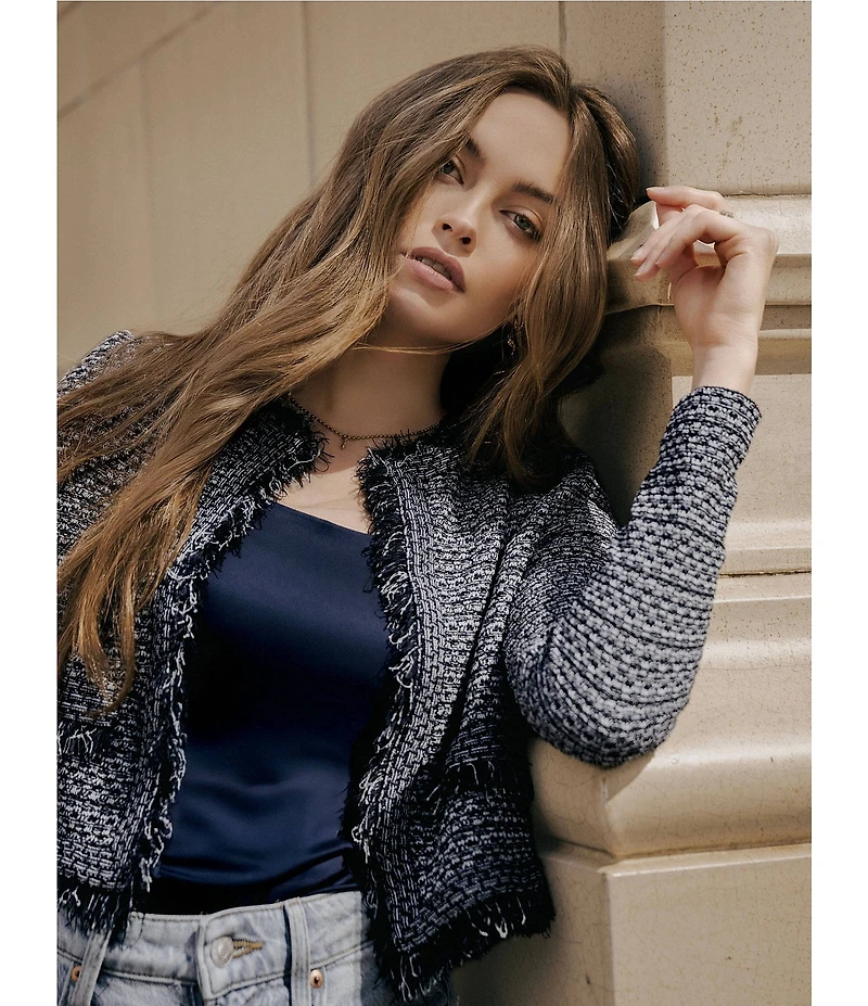 MISOOK x Lani Lynn Tweed Knit Round Neck Long Sleeve Fringe Trim Jacket