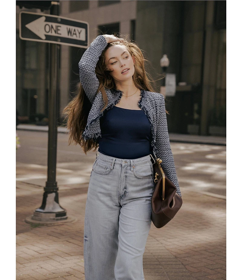 MISOOK x Lani Lynn Tweed Knit Round Neck Long Sleeve Fringe Trim Jacket