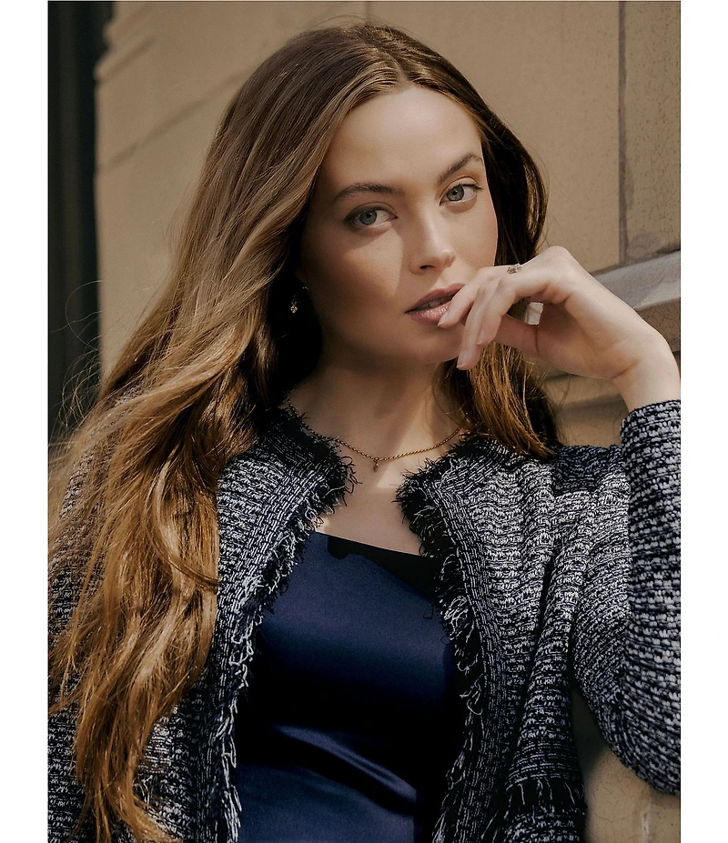 MISOOK x Lani Lynn Tweed Knit Round Neck Long Sleeve Fringe Trim Jacket