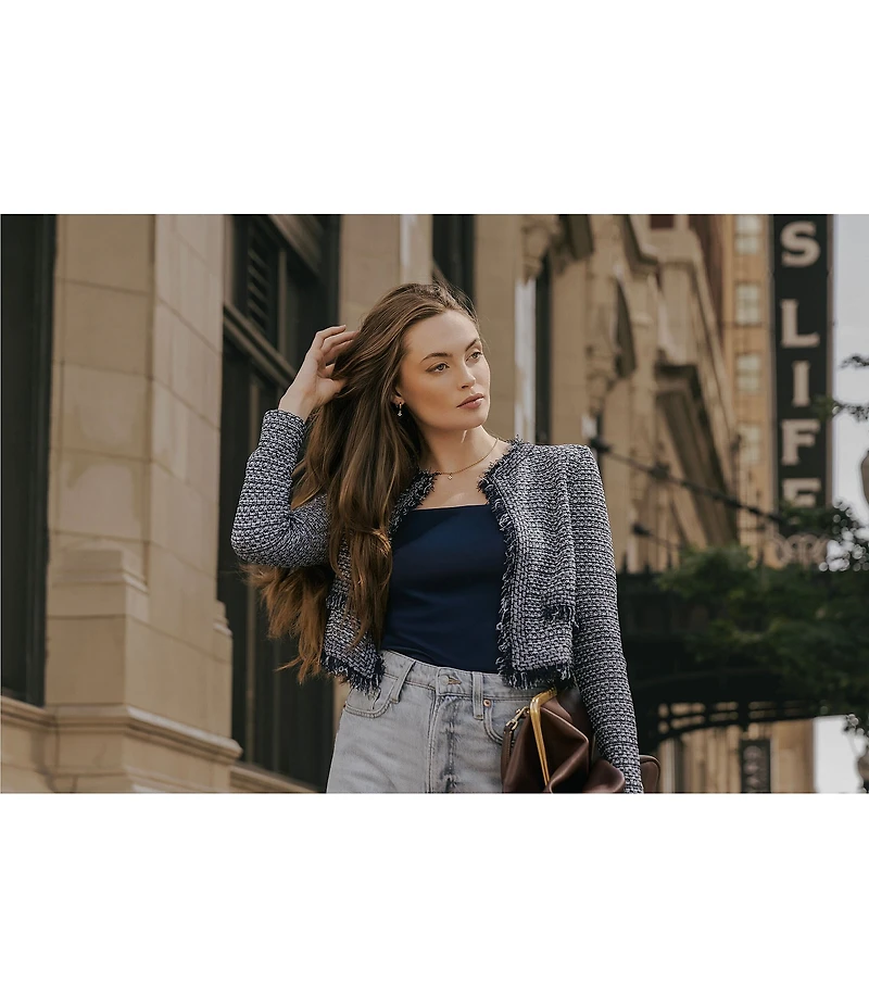 MISOOK x Lani Lynn Tweed Knit Round Neck Long Sleeve Fringe Trim Jacket