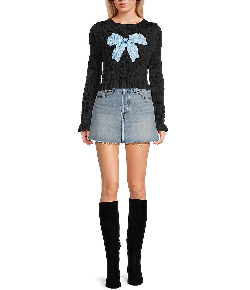 Miss Chievous Bow Graphic Shirred Long Sleeve Top