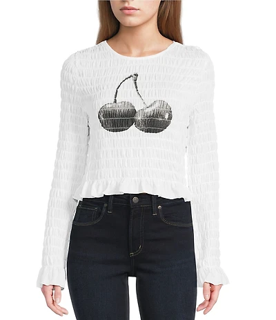 Miss Chievous Cherry Graphic Shirred Long Sleeve Top
