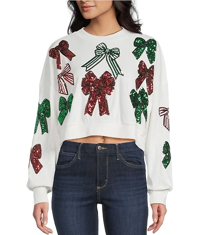 Miss Chievous Embroidered Sequin Bow Long Sleeve Cropped Pullover