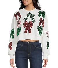 Miss Chievous Embroidered Sequin Bow Long Sleeve Cropped Pullover