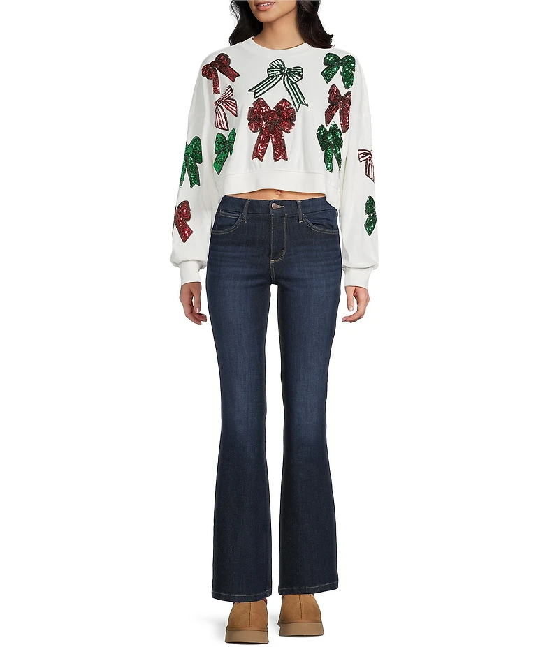 Miss Chievous Embroidered Sequin Bow Long Sleeve Cropped Pullover