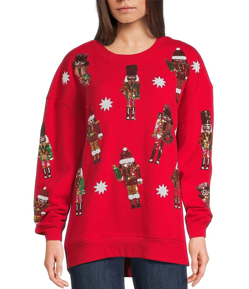 Miss Chievous Embroidered Sequin Nutcracker Long Sleeve Oversized Pullover