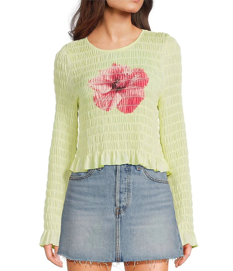 Miss Chievous Hibiscus Graphic Shirred Long Sleeve Top
