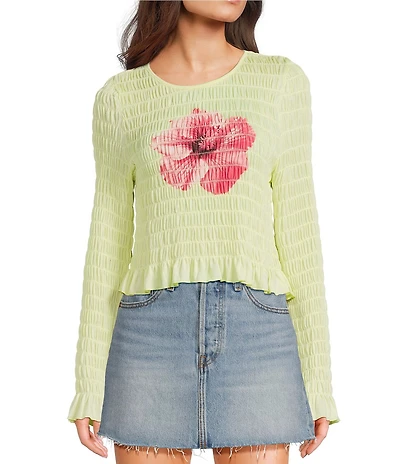 Miss Chievous Hibiscus Graphic Shirred Long Sleeve Top