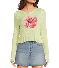 Miss Chievous Hibiscus Graphic Shirred Long Sleeve Top