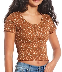 Miss Chievous Printed Short Sleeve Button Front Lettuce Edge Henley Top