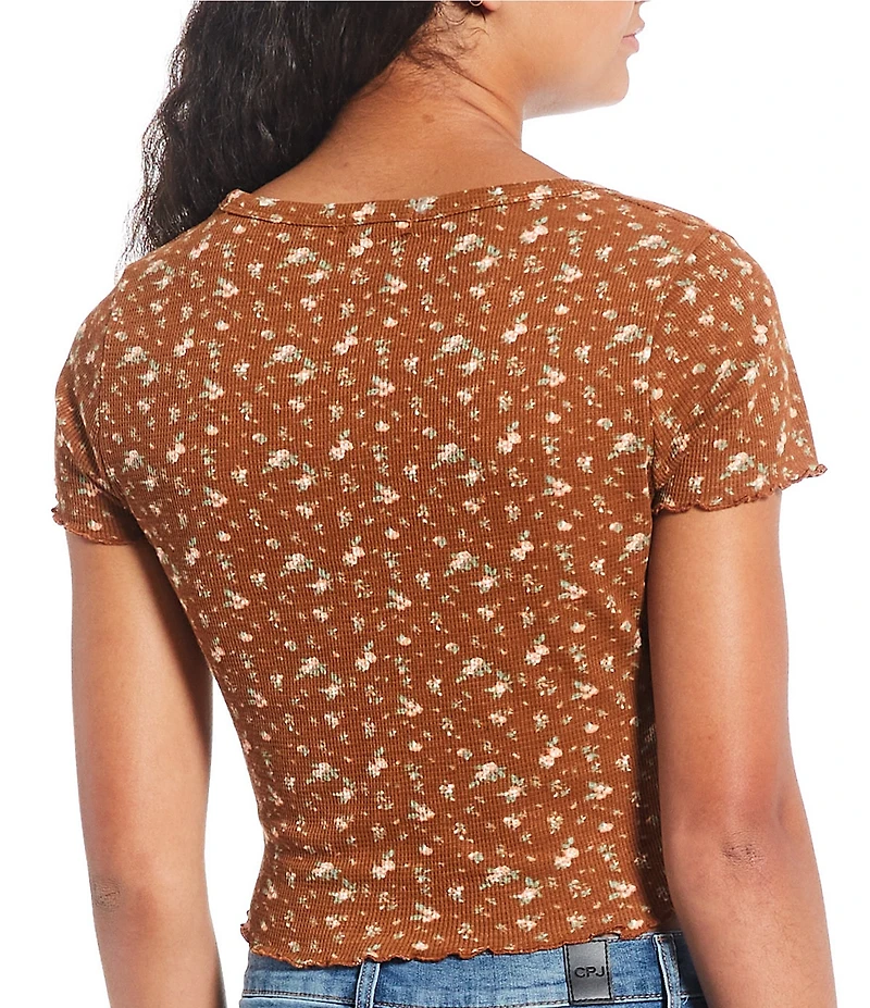 Miss Chievous Printed Short Sleeve Button Front Lettuce Edge Henley Top