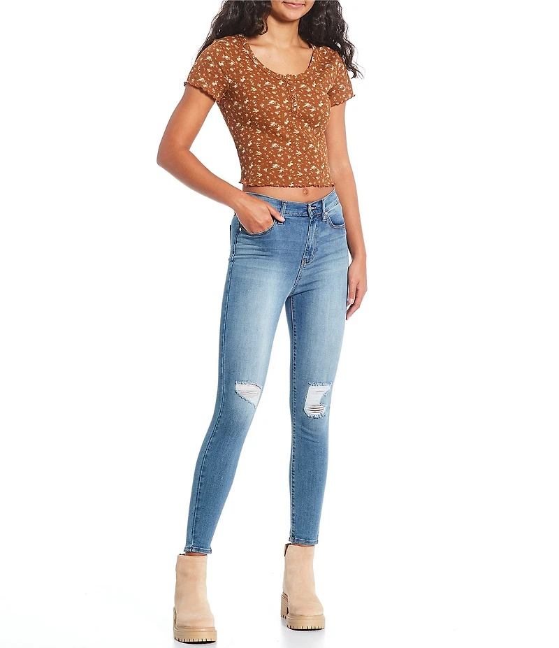 Miss Chievous Printed Short Sleeve Button Front Lettuce Edge Henley Top