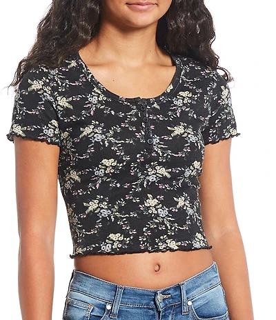 Miss Chievous Printed Short Sleeve Button Front Lettuce Edge Henley Top