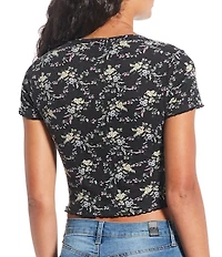 Miss Chievous Printed Short Sleeve Button Front Lettuce Edge Henley Top