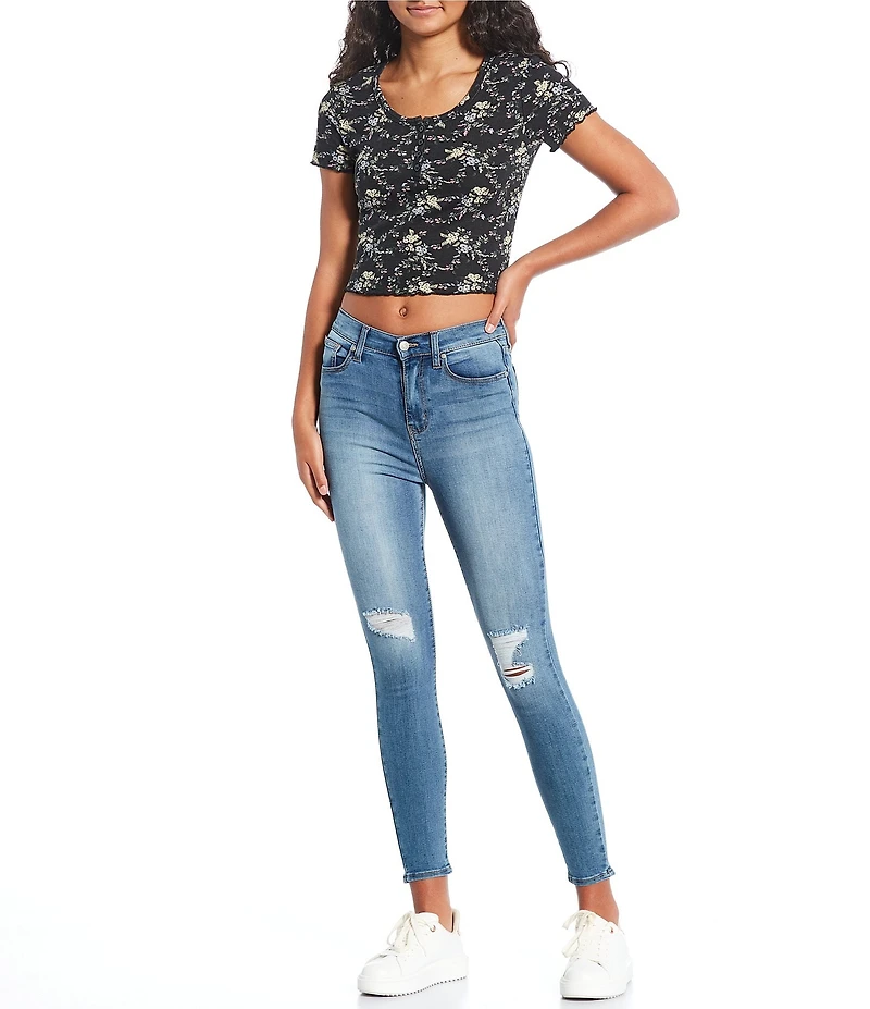 Miss Chievous Printed Short Sleeve Button Front Lettuce Edge Henley Top