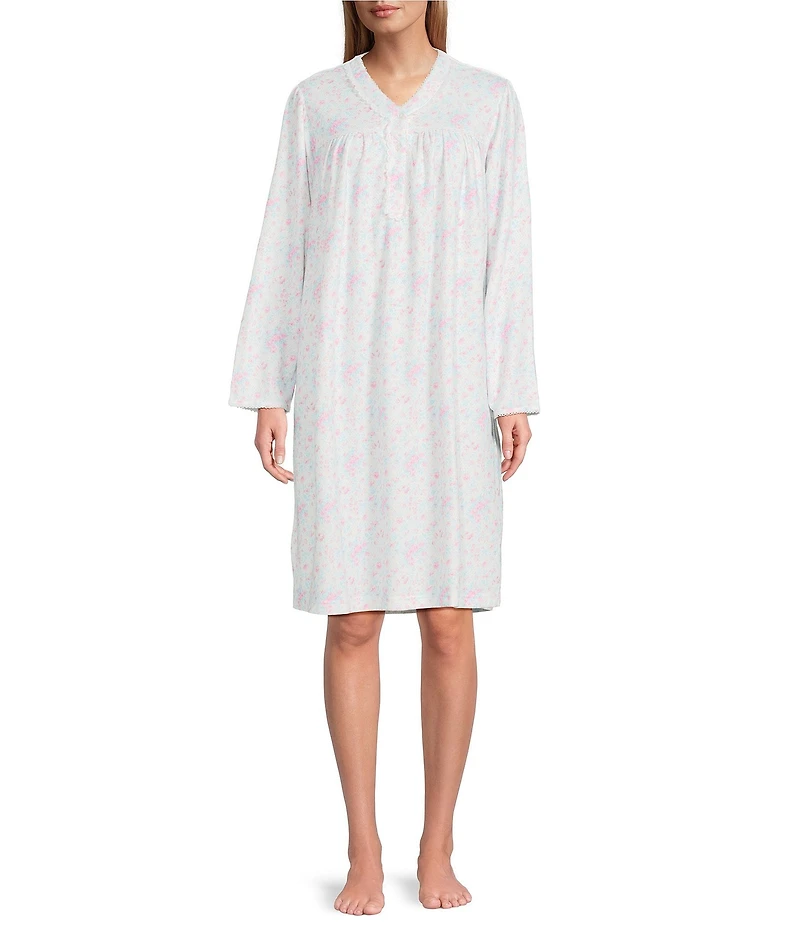 Miss Elaine Brushed Honeycomb Knit Floral Print Long Sleeve V-Neck Short Nightgown