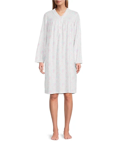 Miss Elaine Brushed Honeycomb Knit Floral Print Long Sleeve V-Neck Short Nightgown