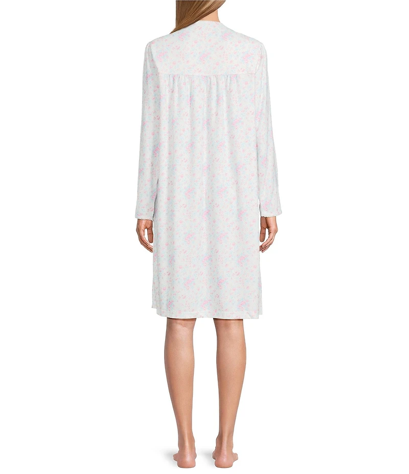 Miss Elaine Brushed Honeycomb Knit Floral Print Long Sleeve V-Neck Short Nightgown