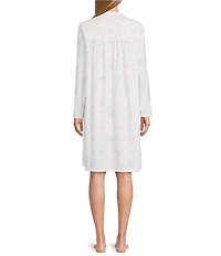 Miss Elaine Brushed Honeycomb Knit Floral Print Long Sleeve V-Neck Short Nightgown