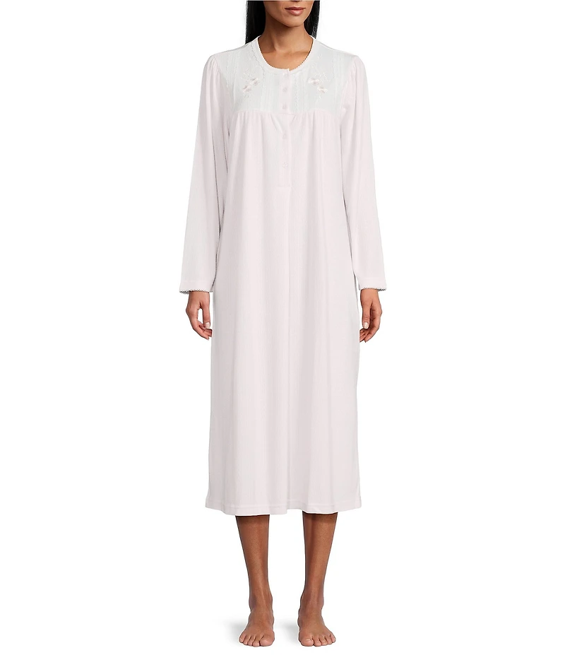 Miss Elaine Brushed Solid Honeycomb Knit Long Sleeve Round Neck Long Nightgown