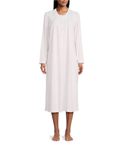 Miss Elaine Brushed Solid Honeycomb Knit Long Sleeve Round Neck Long Nightgown