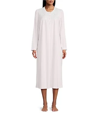 Miss Elaine Brushed Solid Honeycomb Knit Long Sleeve Round Neck Long Nightgown