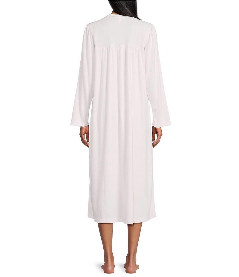 Miss Elaine Brushed Solid Honeycomb Knit Long Sleeve Round Neck Long Nightgown