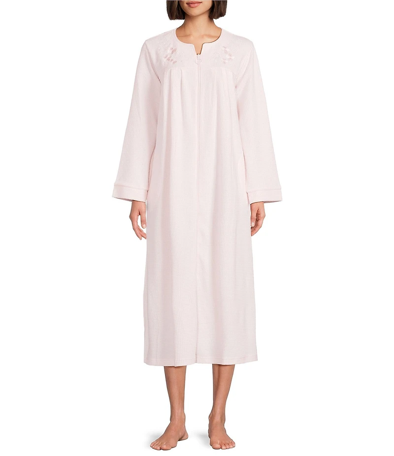 Miss Elaine Brushed Waffle Solid Long Sleeve Round Neck Long Zip Robe