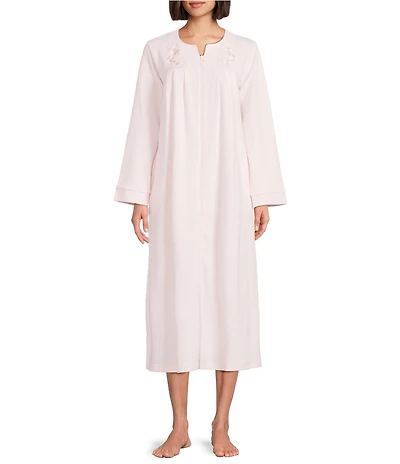Miss Elaine Brushed Waffle Solid Long Sleeve Round Neck Long Zip Robe