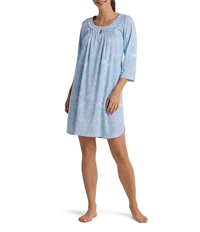 Miss Elaine Cottonessa 3/4 Sleeve Short Knit Round Neck Paisley Print Nightgown