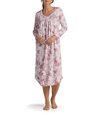 Miss Elaine Cottonessa Berry Blossoms Print Long Sleeve Knit Round Neck Long Nightgown