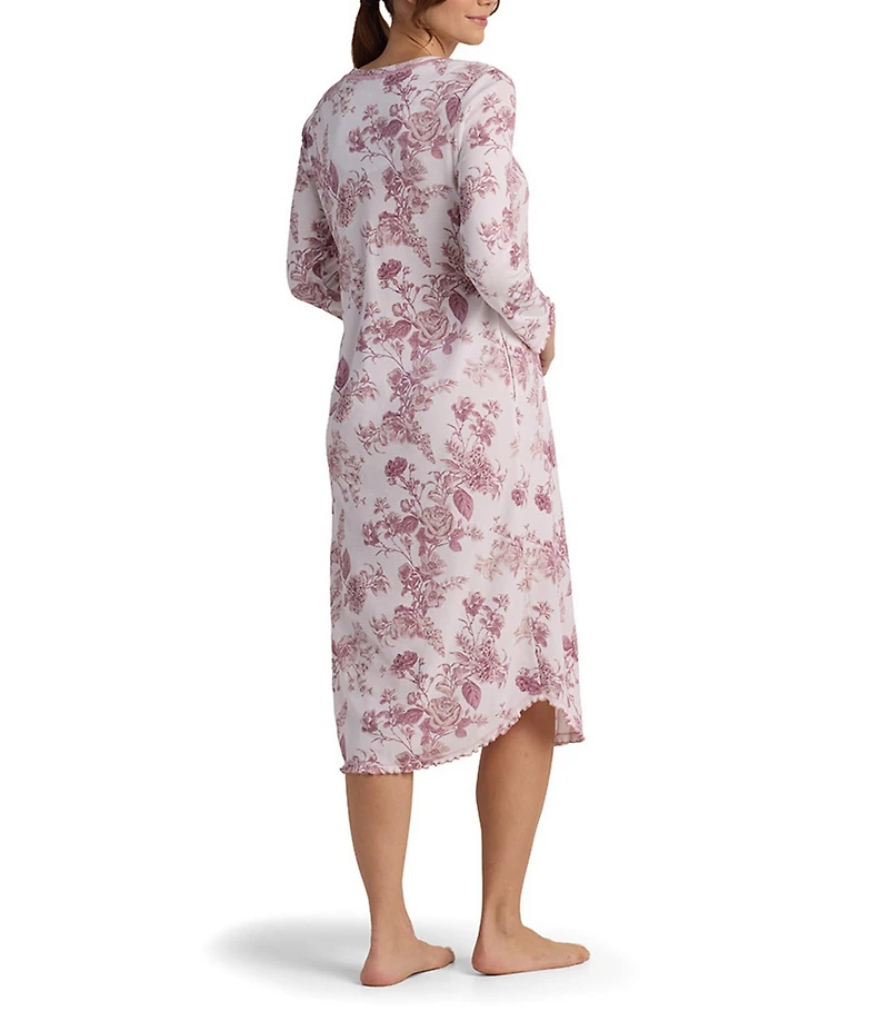 Miss Elaine Cottonessa Berry Blossoms Print Long Sleeve Knit Round Neck Long Nightgown