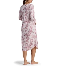 Miss Elaine Cottonessa Berry Blossoms Print Long Sleeve Knit Round Neck Long Nightgown