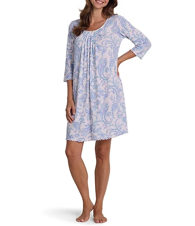 Miss Elaine Cottonessa Garden Paisley Print 3/4 Sleeve Knit Short Nightgown