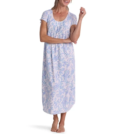 Miss Elaine Cottonessa Garden Paisley Print Short Sleeve Knit Long Nightgown