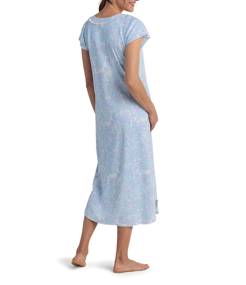 Miss Elaine Cottonessa Paisley Print Scoop Neck Short Sleeve Long Knit Nightgown